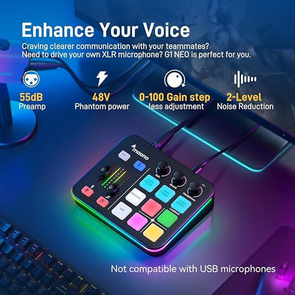 MAONO Gaming Audio Mixer, Audio Interface with Pro-preamp, RGB, Bluetooth, 48V Phantom Power for Live Streaming, Podcasting, Content Create, Gaming MaonoCaster G1 NEO (Not for USB Mic)