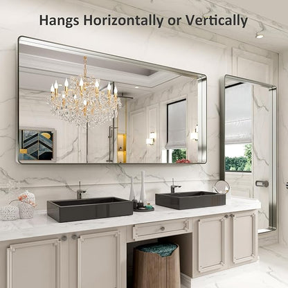 LOAAO 72X32 Inch Brushed Nickel Bathroom Mirror, Rounded Rectangle Silver Metal Frame Mirror, Brushed Nickel, Anti-Rust, Shatter Proof, Hangs Horizontally or Vertically
