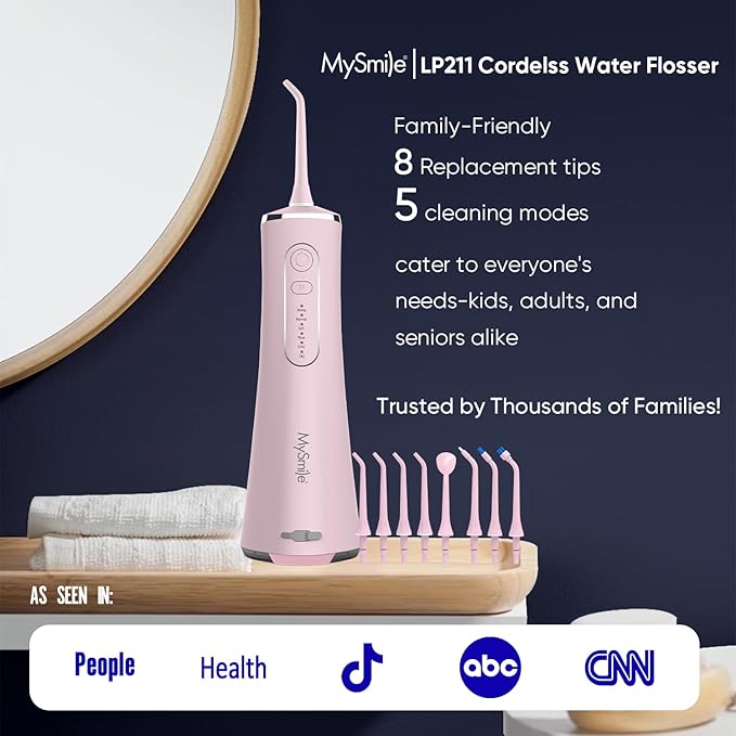 MySmile LP211 Cordless Water Flossers, Portable Rechargeable Oral Irrigator for Teeth Cleaning, 5 Cleaning Modes, IPX7 Waterproof, 8 Replacement Tips and a Storage Pouch (Juicy Pink)