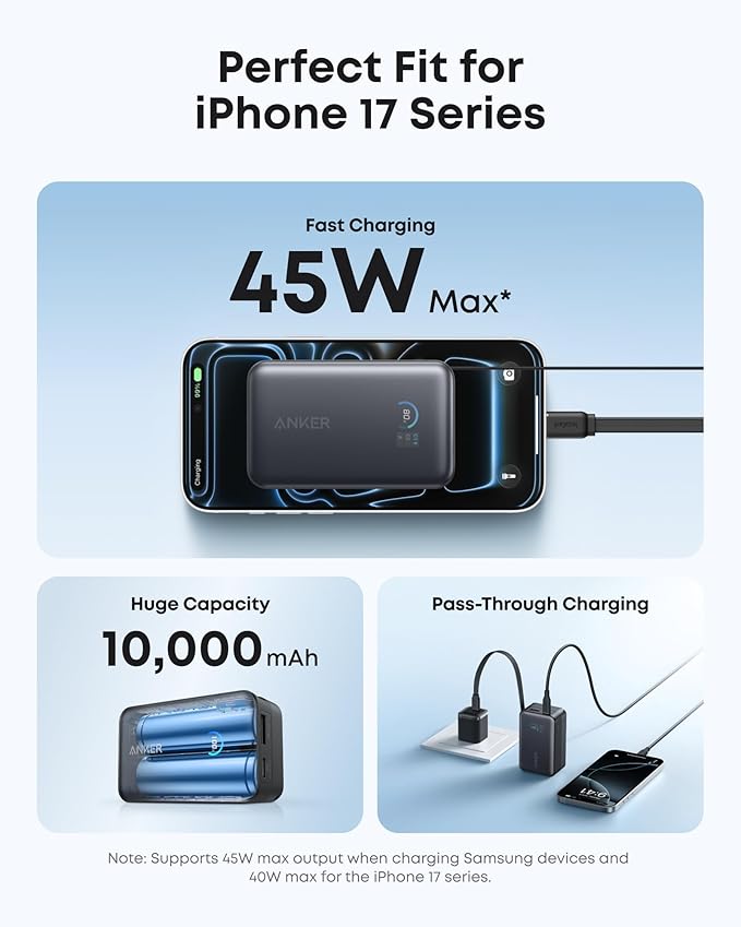 Anker Nano Portable Charger, 10,000mAh 45W Max Compact Power Bank, Travel Essential Phone Battery Pack with 2.3 ft InstaCord Retractable Cable for iPhone 17/16 Series, iPad, Galaxy, Pixel, and More