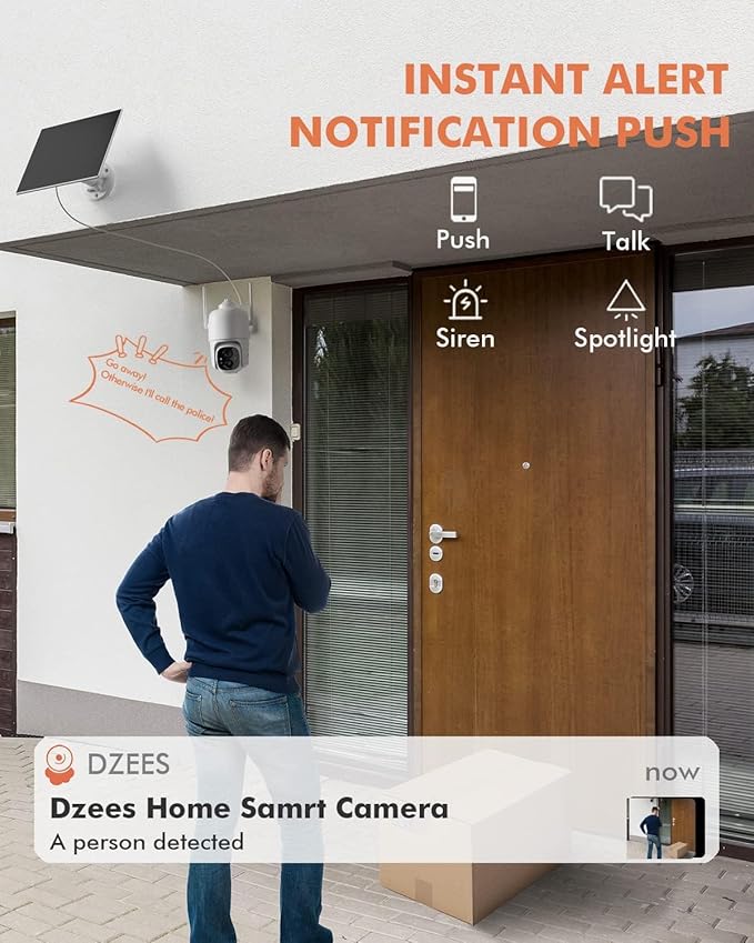 Dzees Solar Security Cameras Wireless Outdoor, 2K Battery Powered Security Camera, 360° PTZ Camera with Spotlight, Siren, Color Night Vision, AI Dectection, IP66 for Home Security, 2.4GHz 2-Pack