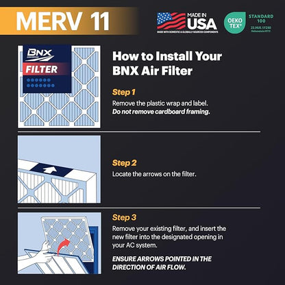 BNX TruFilter 16x16x1 Air Filter MERV 11 (6-Pack) - MADE IN USA - Allergen Defense Electrostatic Pleated Air Conditioner HVAC AC Furnace Filters for Allergies, Dust, Pet, Smoke, Allergy MPR 1200 FPR 7