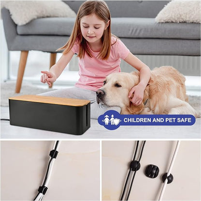 Cable Management Box - Wooden Style Large Cord Organizer to Hide Wires & Power Strips | Desk Computer Cable Organizer | Safe ABS Material | 16" (L) x 6.2" (W) 5.3" (H) | for Home & Office - Black