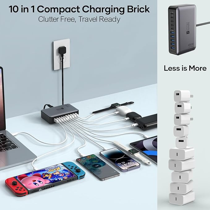 USB C Charger Block 10 Ports, 450W USB Charging Station for Multiple Devices, 5 Type C + 5 USB A GaN PD Charger Hub, Compact Power Brick Super Fast Charging for MacBook, Ipad, iPhone, Samsung