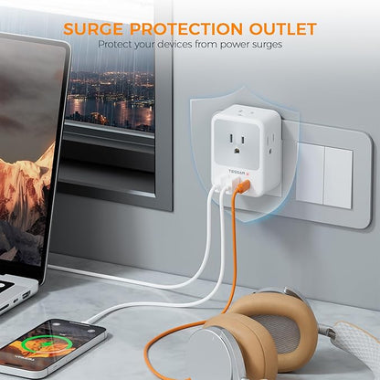Surge Protector Wall Outlet Extender, TESSAN Multi Plug Outlet Splitter with 3 USB Charging Blocks(1 USB C), Multi Plug Wall Charger for Home, Office, School, College Dorm Essentials
