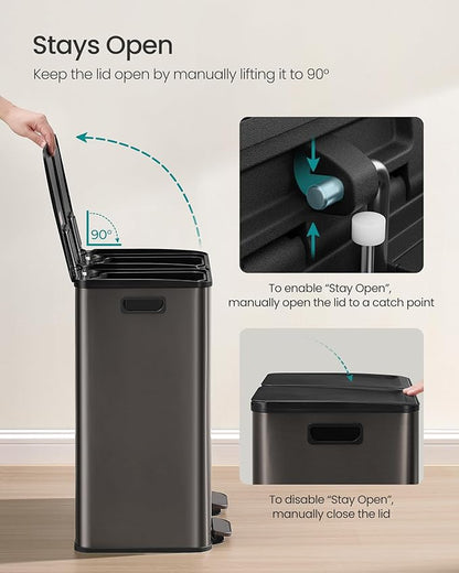 SONGMICS Trash Can, 2 x 8 Gallon (2 x 30 L) Dual-Compartment Garbage Can with Soft-Close Lid, Pedal and Inner Buckets, Stainless Steel, Includes 15 Liner Bags, Slate Gray ULTB741G01