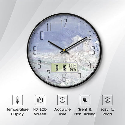 SCOAGE Digital Wall Clock Battery Operated with Day and Date Temperature Blue White Wave Calendar Clock with Large Display Silent for Room Bathroom Bedroom Living Room Farmhouse Decor 14 Inch