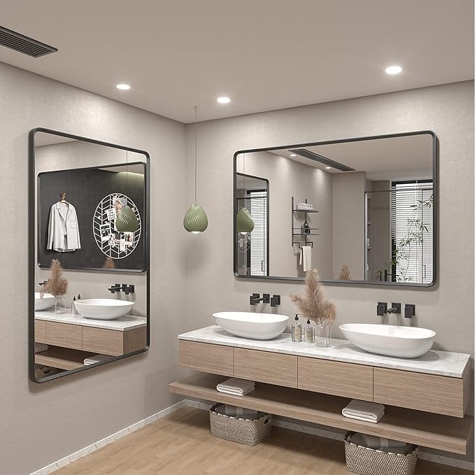 60x28 Black Matte Bathroom Mirror, Large Matte Black Bathroom Vanity Mirror for Wall, Rounded Rectangle Mirror, Anti-Rust, Shatterproof (Horizontal/Vertical)