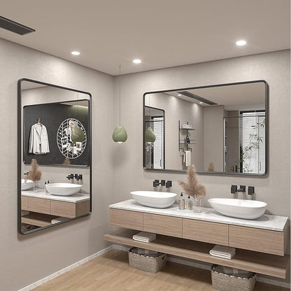 60x28 Black Matte Bathroom Mirror, Large Matte Black Bathroom Vanity Mirror for Wall, Rounded Rectangle Mirror, Anti-Rust, Shatterproof (Horizontal/Vertical)