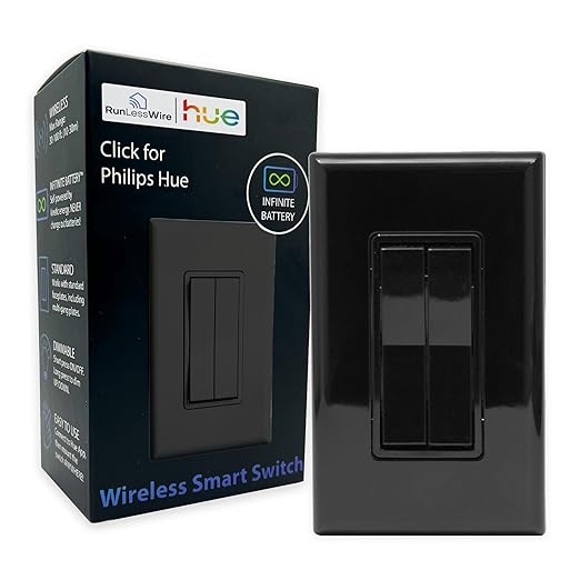 RunLessWire Click for Philips Hue – Battery-Free Wireless Smart Light Switch, 30ft Range – Works Natively with Philips Hue Bridge – Wall Mount Kinetic Switch - Decora Style, Black