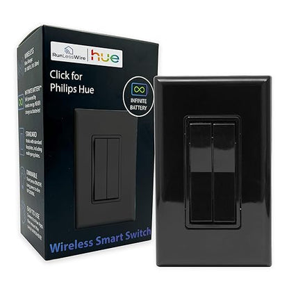 RunLessWire Click for Philips Hue – Battery-Free Wireless Smart Light Switch, 30ft Range – Works Natively with Philips Hue Bridge – Wall Mount Kinetic Switch - Decora Style, Black