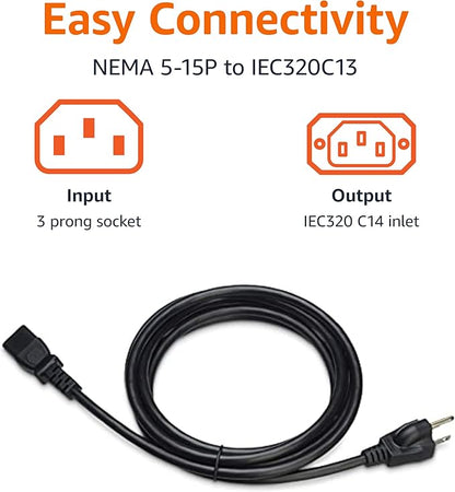 Amazon Basics PC Power Cord, 10 feet, AC Power Cord for Monitor, Computer, TV, 3 Prong, 18 AWG, 125 Volts, Black