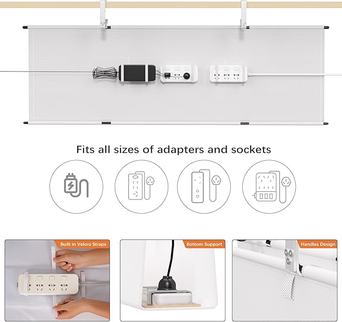 Under Desk Cable Management Tray - 48" Cord Organizer for Desk No Drill, Fabric Under Table Wire Organizer with 16X Cable Ties Hide for Office/Home, Cord Hider Fits Adapters & Sockets, White