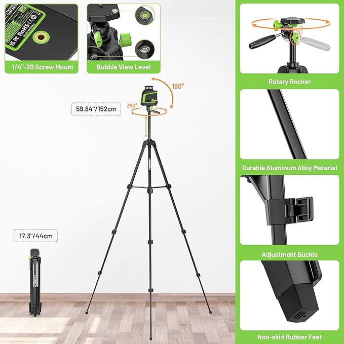Huepar 360° Laser Level with Tripod 60in, 82Ft - 165Ft Self Leveling Laser Level with Pulse Mode, 3 Brightness Levels Rechargeable Li-ion Battery Green Line Laser Leveler Tool for DIY Indoor Project