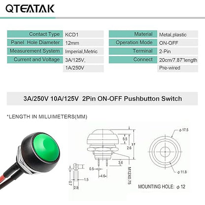 QTEATAK 1/2"(12mm) Pre-Wired Mounting Hole On/Off Green Mini Round Waterproof Momentary Push Button Switch JF-33B -2Pack