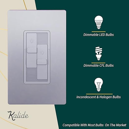 TOPGREENER Elite Series Kalide Dual Load Dimmer Light Switch, Double LED Dimmer Switch, Full Range Dimming, Single Pole, 120VAC, 60Hz, 200W LED/CFL, Neutral Wire Not Required, TGDDS-SV, Silver