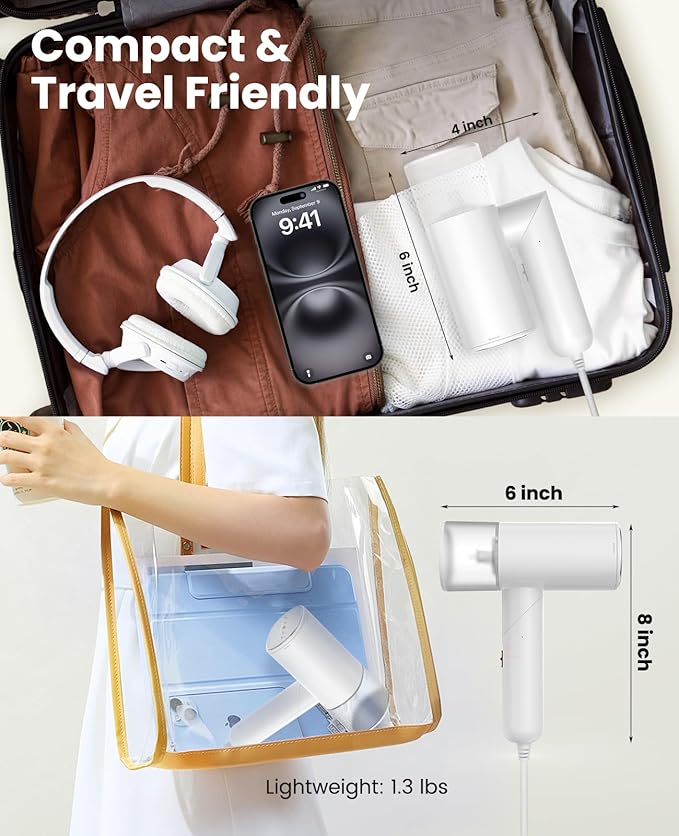 Handheld Steamer for Clothes, 1200W Foldable Travel Steamer, 20 Sec Preheat Garments Wrinkle Remover, 120V Portable Hand Iron with 150ml Water Tank, Clothes Steamer for Home Travel-White