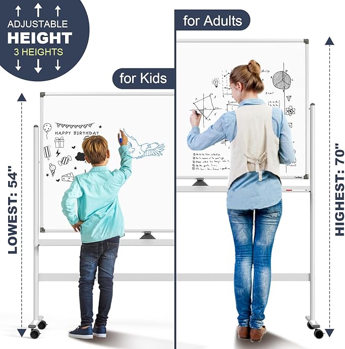 Dry Erase Whiteboard Easel on Wheels - TANKEE 48" x 32" Large Double Sided Mobile Whiteboard, Reversible Magnetic Rolling White Board for Home Office Classroom, Flip Chart Holders and Paper Pad