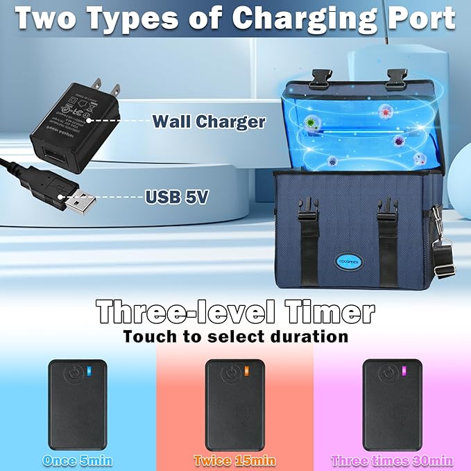 UVC Sanitizer Ozone Box with Timer, Foldable Large Cleaner UV Bag w/strap and USB Port, Portable UVC Light Tote 185nm wavelength for Mask, Cell Phone, Key, Towel 12L/3.17 gal
