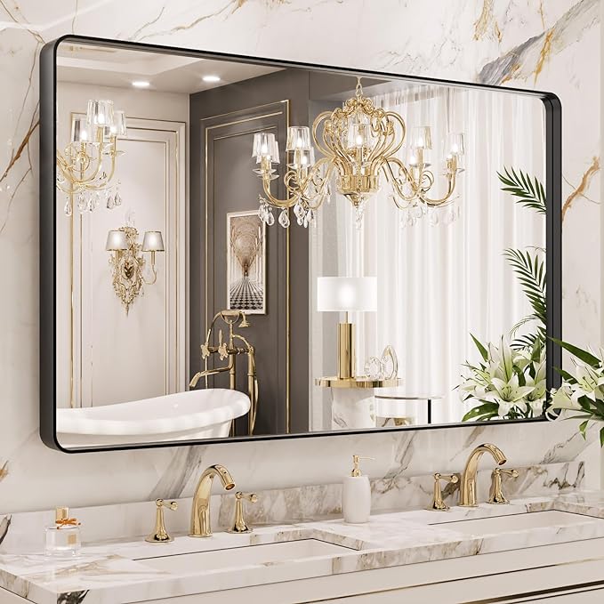 LOAAO 50X30 Inch Black Metal Framed Bathroom Mirror for Wall, Matte Black Bathroom Vanity Mirror Farmhouse, Large Rounded Rectangle Mirror, Anti-Rust, Tempered Glass, Hangs Horizontally or Vertically