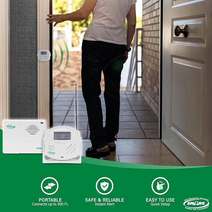 Smart Caregiver Wireless Motion Sensor Alarm System with Pager for Fall and Wandering Prevention | Mountable Motion Detector Alarm Alerts Medical Caregiver with Up to 300' Range | Bed or Door Movement