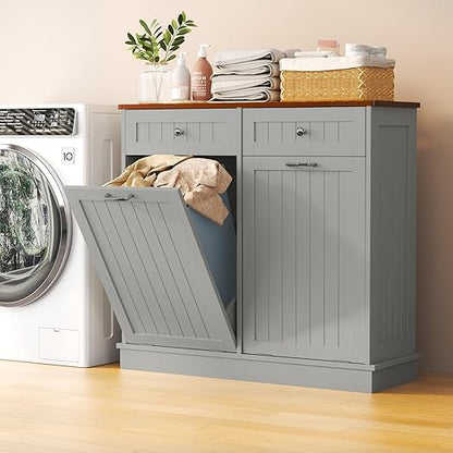 Tilt Out Trash Can Cabinet with Double Hidden Can Holder, Kitchen Free Standing Recycling Cabinet, Dog Proof, Wood, Gray