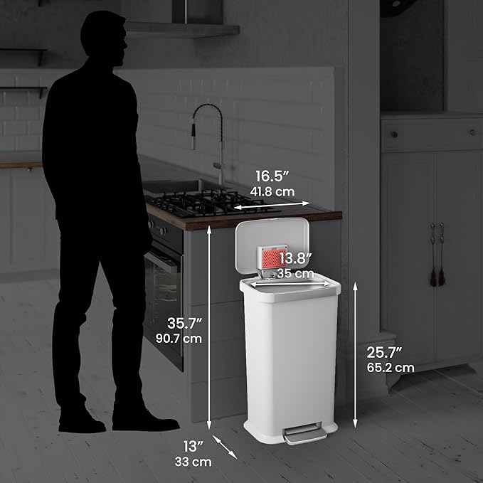 iTouchless SoftStep 13.2 Gal / 50L Step Pedal Kitchen Trash Can with Odor Filter, Durable Dent-Proof Construction and Stainless Steel Trim, Garbage Bin with Lid for Home Office, Bedroom, White Plastic