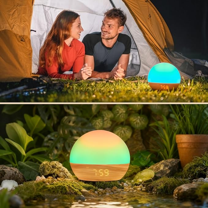 Sunrise Alarm Clock, Sound Machine, Wood Grain Dimmable Night Light for Heavy Sleepers, White Noise Machine for Baby, Dual Alarm Function 30 Sleep Sounds, Wake Up Light with 17 Effects