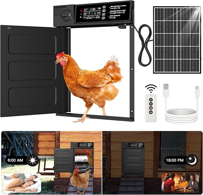 Automatic Chicken Coop Door, Large Size Solar Powered Coop Door with Opening in Emergency, Anti-Pinch, Timer & Light Sensor, Aluminum Waterproof Auto Chicken Door, with 7W Solar Panel