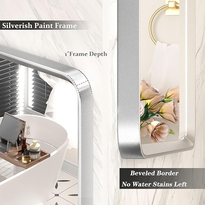 28x32 Inch Silver Framed Mirror, Silver Rounded Rectangle Bathroom Vanity Mirror for Wall, Silverish Painted, Shatterproof, Anti-Rust (Horizontal/Vertical)