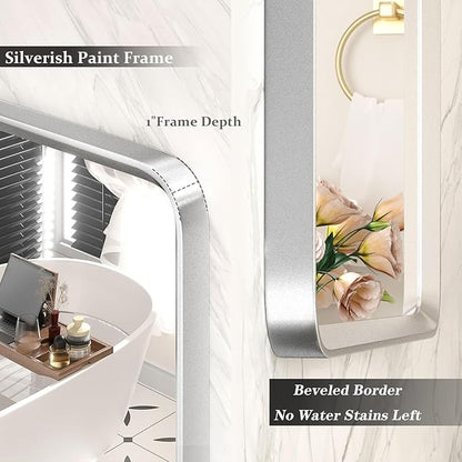 28x32 Inch Silver Framed Mirror, Silver Rounded Rectangle Bathroom Vanity Mirror for Wall, Silverish Painted, Shatterproof, Anti-Rust (Horizontal/Vertical)