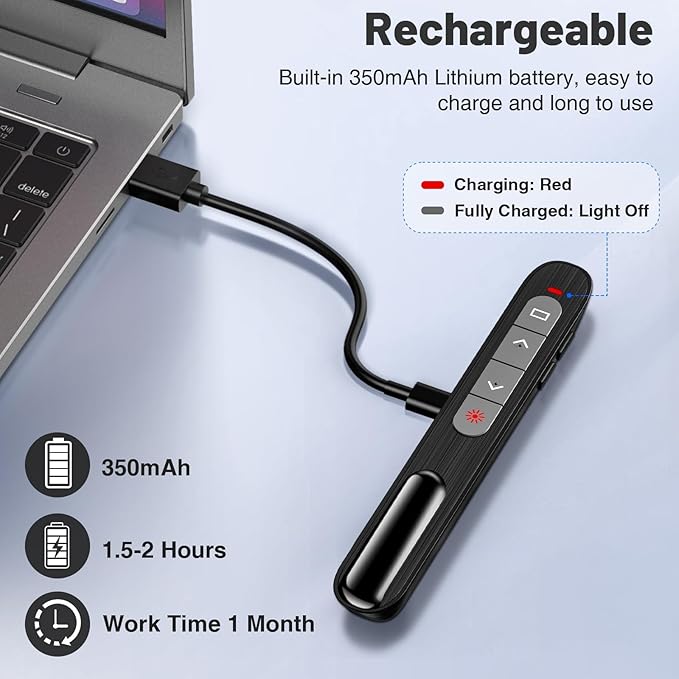 2-in-1 USB Type C Presentation Clicker with Red Light Pointer, Rechargeable Wireless Clicker for Powerpoint Presentations Support Hyperlink Volume Control, Presentation Remote for Mac Windows Keynote