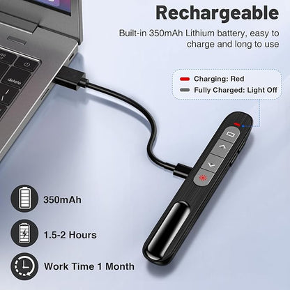 2-in-1 USB Type C Presentation Clicker with Red Light Pointer, Rechargeable Wireless Clicker for Powerpoint Presentations Support Hyperlink Volume Control, Presentation Remote for Mac Windows Keynote