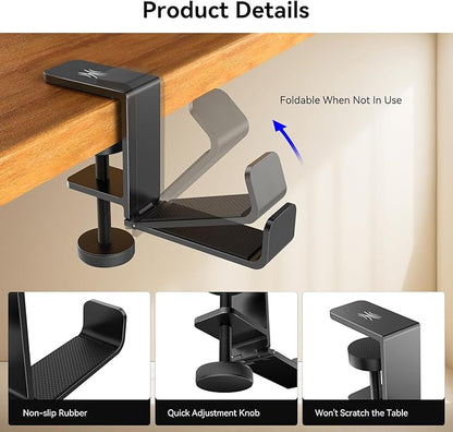 OneOdio MTL99 Foldable Headphone Stand, Metal Headset Holder Space-Saving Table Hook, Clamp-on Under Desk Hanger, Universal Fit Gaming Headphones Mount, Black