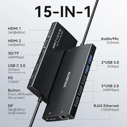 USB C Hub USB C Docking Station Dual Monitor 4K@60Hz+DP 8K@30Hz for Dell HP, Laptop Docking Station 3 Monitors 15 in 1 USBC Dongle Multiport Adapter with USB A Port+Button+PD+Ethernet+SD/TF+Audio