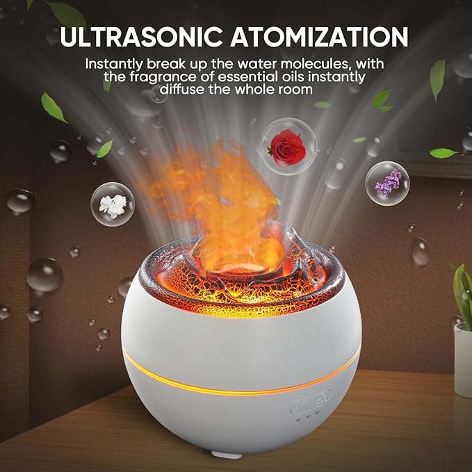 Essential Oil Diffuser, Volcano Fire Flame Aromatherapy Diffuser, 360ml Ultrasonic Cool Mist Humidifier, Scent Aroma Diffuser with 7 Colors Light, Timer & Auto Shut-Off for Home, Room (White)