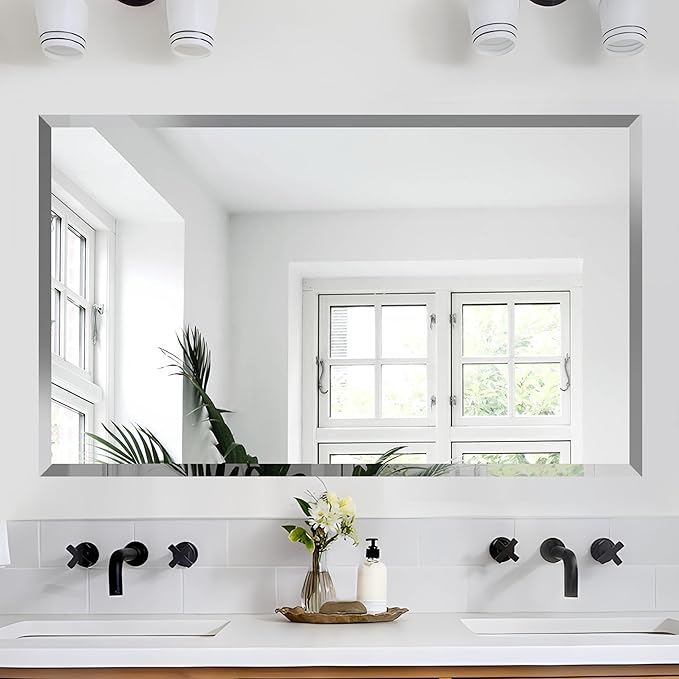 24x40 Inch Bathroom Mirror Frameless Beveled Edge Rectangle Wall Mirror Explosion Proof and Shatterproof Bathroom Vanity Mirror Wall Mounted Hang Firmly (Horizontal or Vertical)