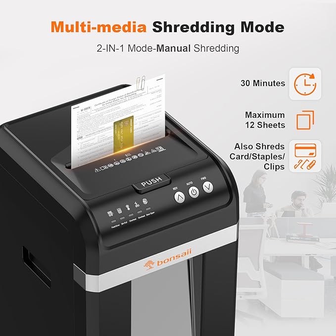 Bonsaii Paper Shredder Heavy Duty, 200-Sheet Auto Feed Micro-Cut 60 Minutes Nonstop P-4 High Security Shredders, 8.1 Gallon Large Bin Document Shredder for Office, Commercial Grade Shredder (C283-A)