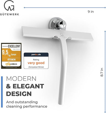 GÜTEWERK Shower Squeegee for Glass Doors, Silicone Window Squeegee, Bathroom and Glass Cleaning - White - 9 Inch