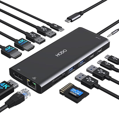 Dell HP USB C Docking Station - Dual/3 Monitor Triple Display, 2X HDMI 4K, DP, Ethernet, 6 USB, PD, SD/TF, Audio, Adapter 14 in 1 for Lenovo