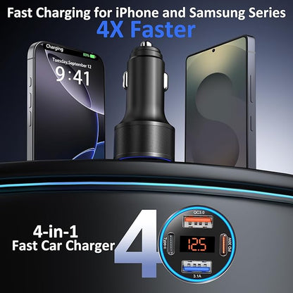 3 Pack USB C Car Charger, 4-Port 65W Dual 12V USB-A & USBC Cigarette Lighter Adapter Plug with Voltmeter PD/QC 3.0 Fast Charging Car Phone Charger for iPhone 17 16e 15 14 13 12 Pro Max, Android-Black