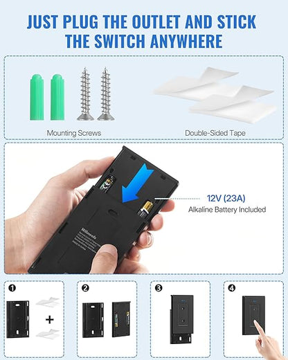 Black Remote Control Outlet Plug, WILAWELS Wireless Light Switch, On Off Remote Switch Outlet for Lights, Lamps, Home Appliance, 100ft RF Range, FCC Listed (1 Controller + 2 Outlets) H05RC1206