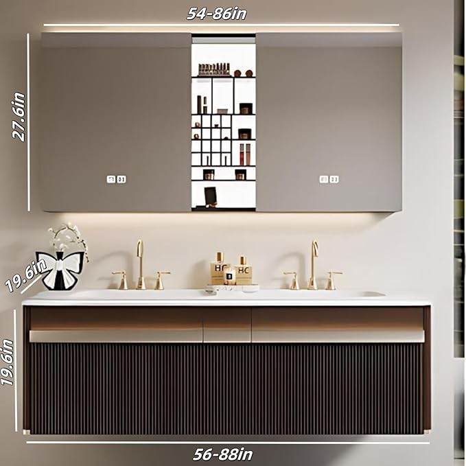 Bathroom Vanity with Double Sink - Bathroom Cabinet Vanity Including Grille Shaped Panel | Bathroom Vanity Double Sink, Soft Light LED Lights & Smart Defogging Mirror (Mirror Cabinet, 64IN)
