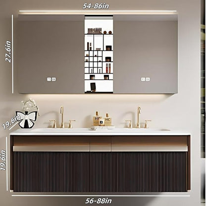 Bathroom Vanity with Double Sink - Bathroom Cabinet Vanity Including Grille Shaped Panel | Bathroom Vanity Double Sink, Soft Light LED Lights & Smart Defogging Mirror (Mirror Cabinet, 64IN)