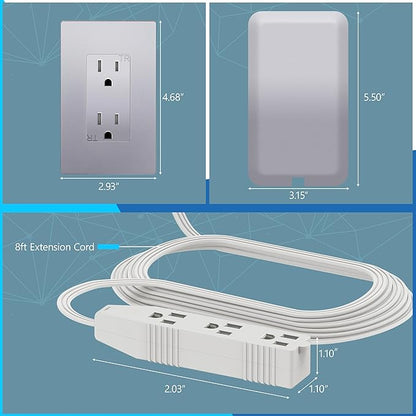LIDER Flat-Face Outlet Extender with 3 Receptacles, Ultra-Thin Wall Plate Plug with Cord Extender and 3-Outlet Power Strip, 8ft Cord, LWE8-315-SV, ETL-Listed, Silver