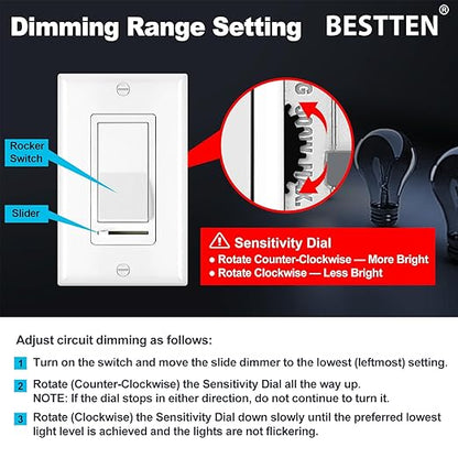 BESTTEN 10 Pack Dimmer Light Switch, Single-Pole or 3-Way Dimmer Switches, 120V, Compatible with Dimmable LED, CFL, Incandescent and Halogen Bulbs, Decorator Wallplate Included, UL Listed, White