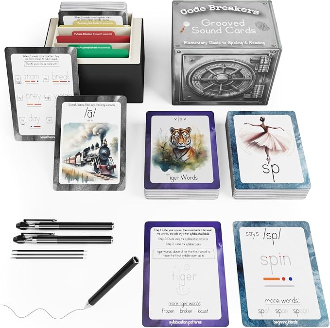 Phonics & Vowel Teams Flashcards with Magic Pens – 180 Reusable Sound Cards with Grooves for Spelling & Reading – Multisensory Learning Tool, Homeschool & Classrooms