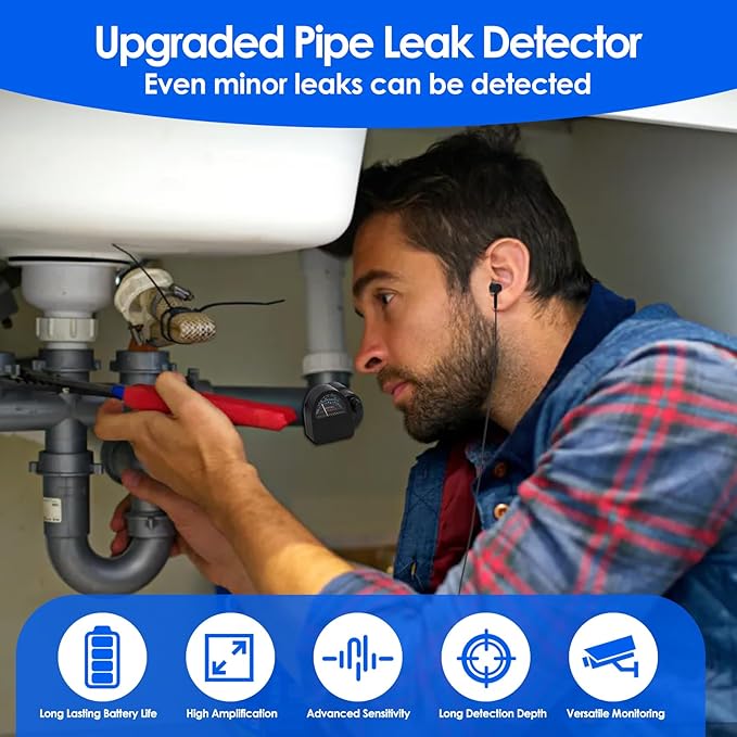 Waterleak Detector Tool Kit for Underground Pipe Water Leak Sensor Alarm for Home, Pipeline Leak Leakage Detector Sound Intensifier for Site, Tube Construction, Car Maintenance (#1)