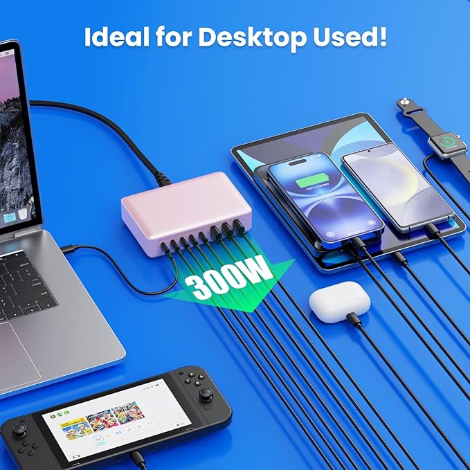 USB C Charger 300W USB C Charger Block 8-Ports GaN IV Fast Charging Station,PD 100W Laptop Charging Hub Wall Adapter Compatible with MacBook/Air,DELL,Steam Desk,iPhone 16/15/14,Galaxy S24