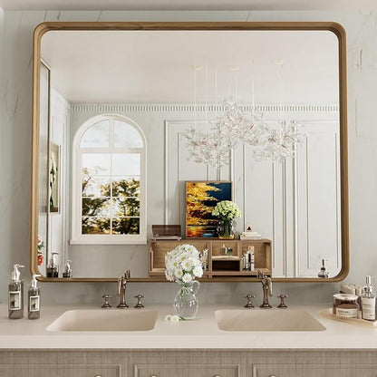 LOAAO 48X40 Inch Bathroom Mirror with Wood Grain Colored Metal Frame, Rounded Rectangle Metal Framed Bathroom Mirror, Anti-Rust, Hangs Horizontally or Vertically, Tempered Glass